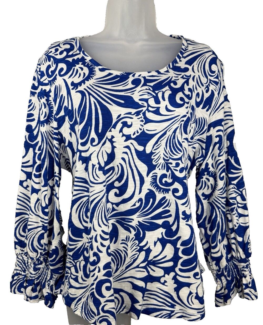 Chico's Paisley Cotton & Modal Smocked Cuff Blouse Size 2 (Women's 12) Coastal